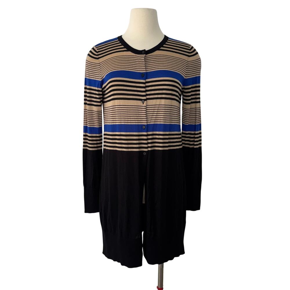 Akris Punto Wool Button-Down Cardigan Sweater Striped Black Blue Tan | US 10